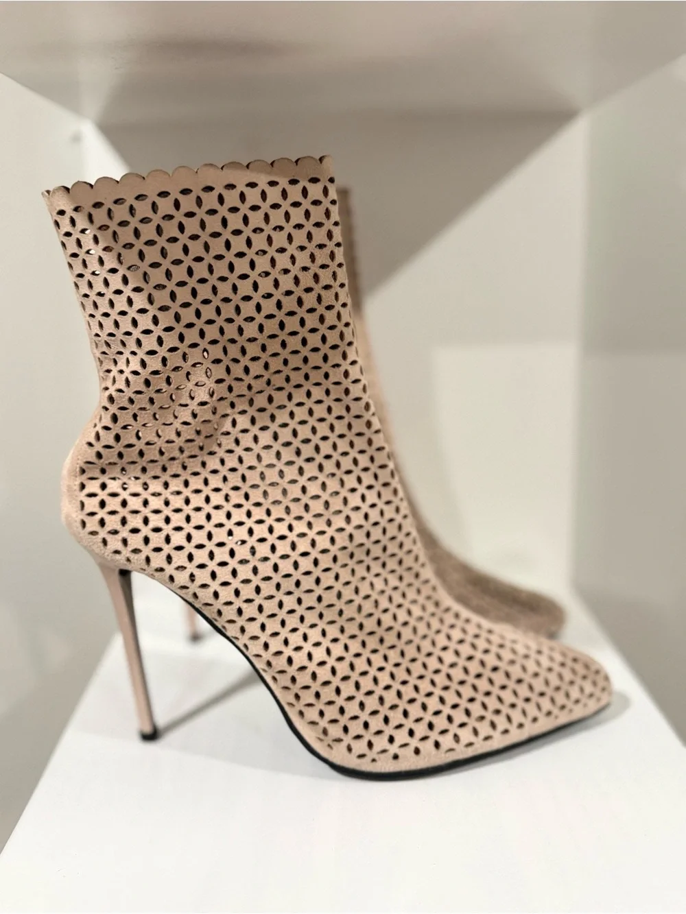Jeffrey Campbell Blush Scalloped Laser-Cut Pointed Ankle Booties
